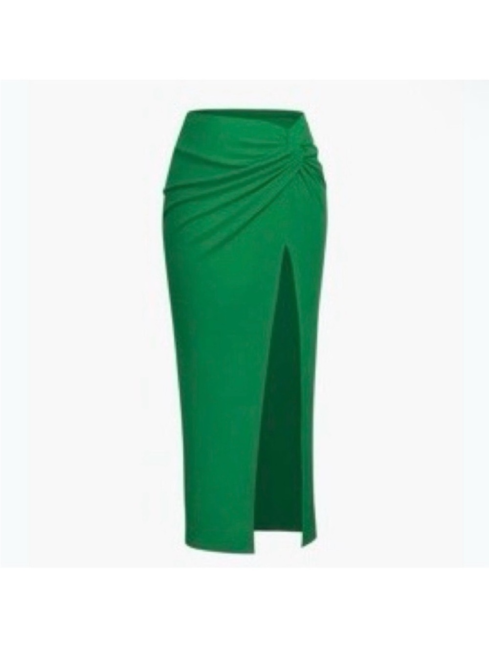 Elegant Green Ruched Midi Skirt with Front Slit